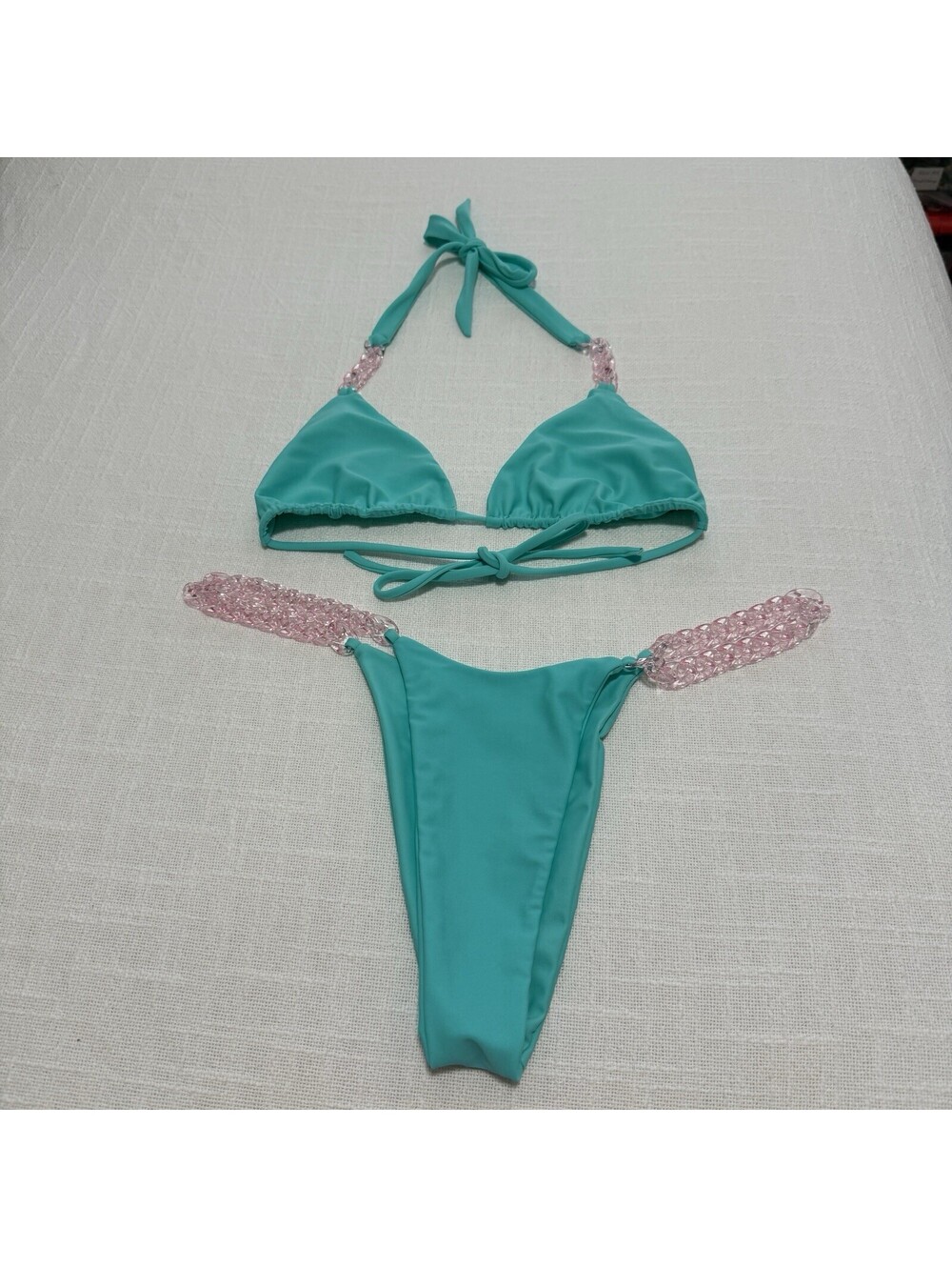 Beach Bunny Aqua Blue & Pink Acrylic Chain Link Triangle Bikini Set Sz M Medium